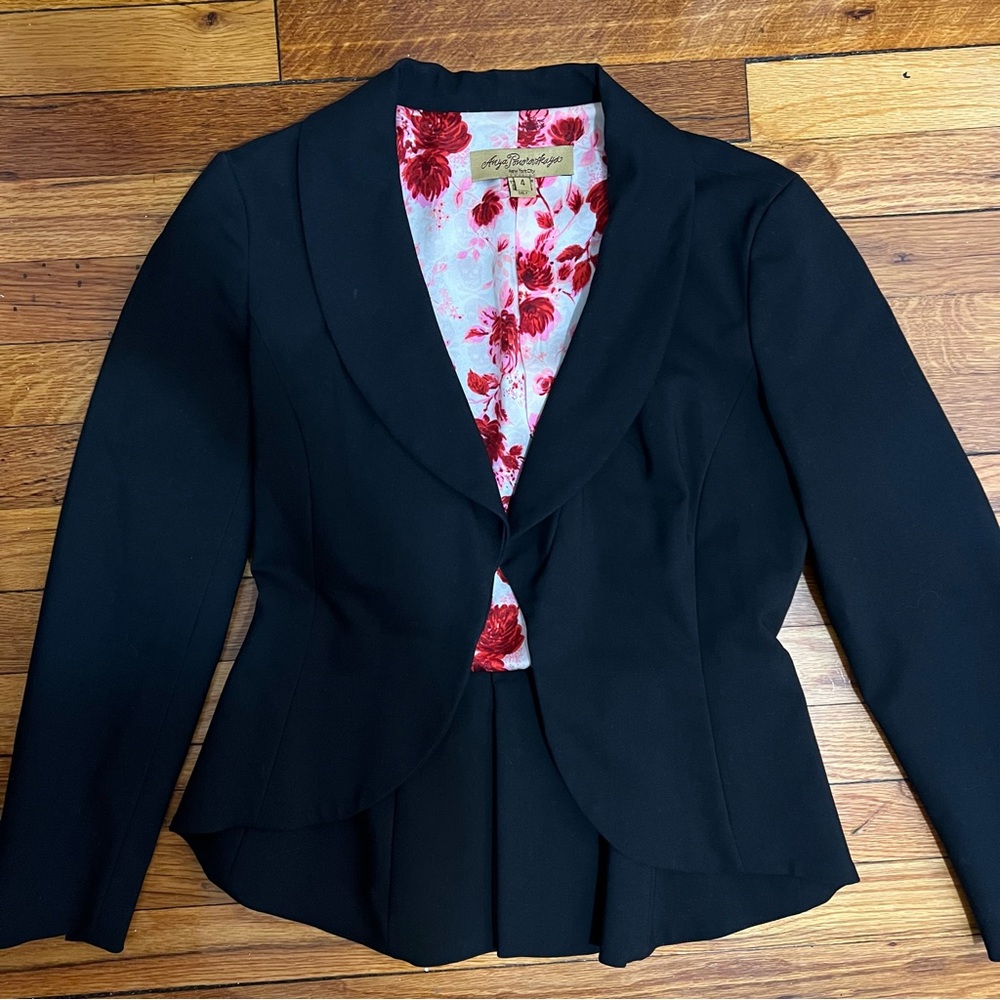 Anya Ponorovskaya Womens Blazer Black with Pink Floral Lining Size 4 - Picture 2 of 9